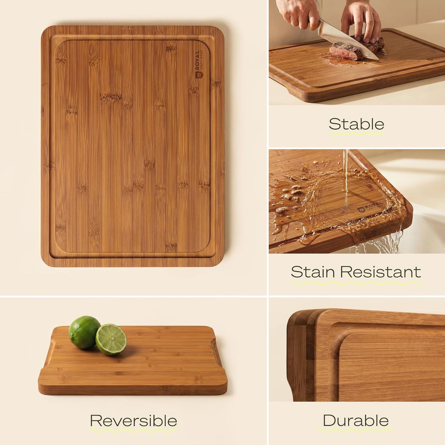 Wooden Cutting Boards for Kitchen Meal Prep & Serving - Non Toxic Bamboo Wood Cutting Board Set with Deep Juice Groove Side Handles - Charcuterie & Chopping Butcher Block for Meat
