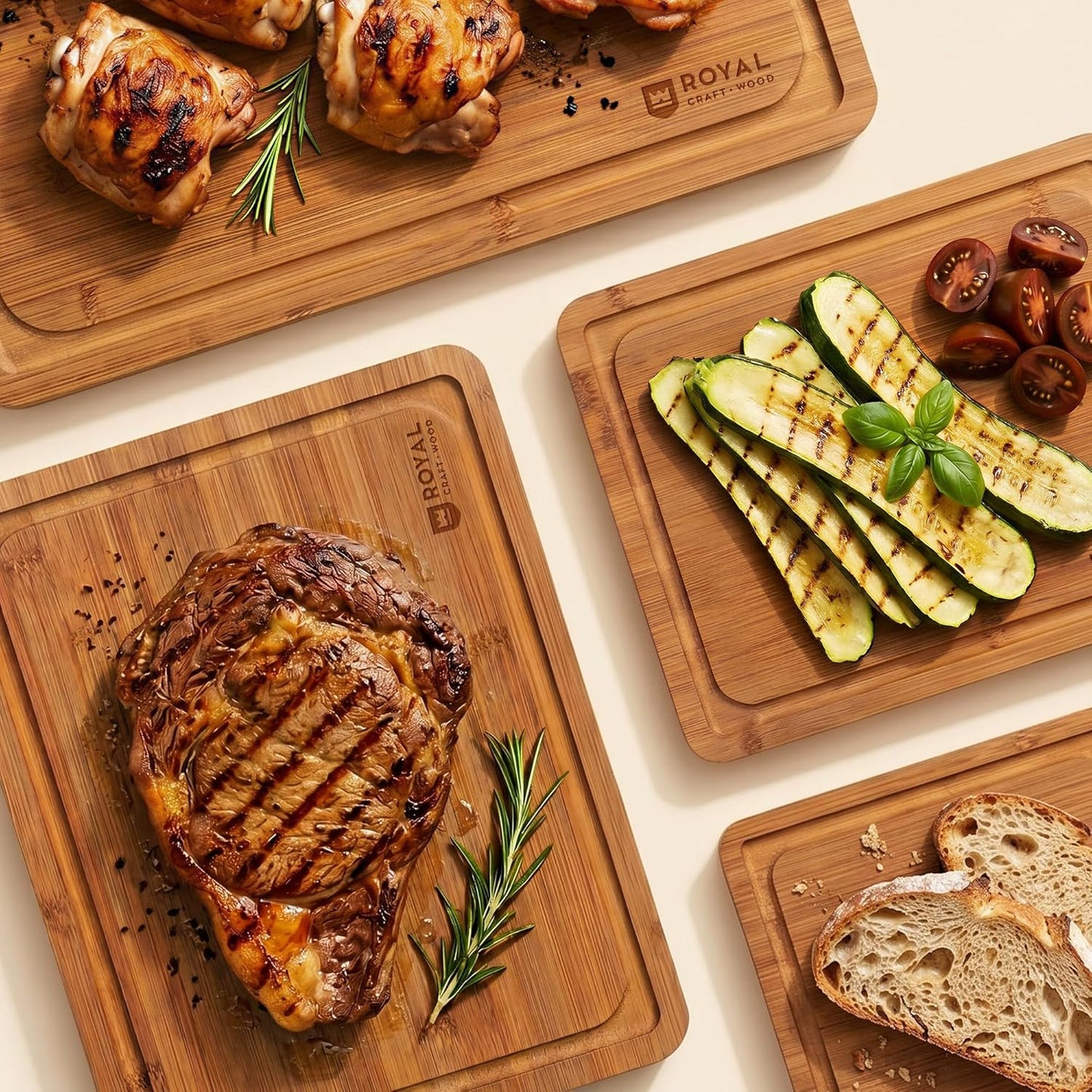 Wooden Cutting Boards for Kitchen Meal Prep & Serving - Non Toxic Bamboo Wood Cutting Board Set with Deep Juice Groove Side Handles - Charcuterie & Chopping Butcher Block for Meat