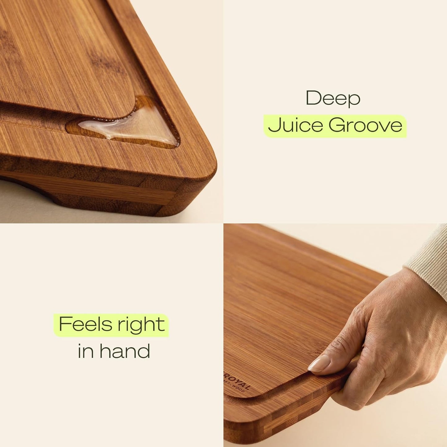 Wooden Cutting Boards for Kitchen Meal Prep & Serving - Non Toxic Bamboo Wood Cutting Board Set with Deep Juice Groove Side Handles - Charcuterie & Chopping Butcher Block for Meat