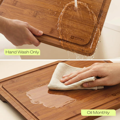Wooden Cutting Boards for Kitchen Meal Prep & Serving - Non Toxic Bamboo Wood Cutting Board Set with Deep Juice Groove Side Handles - Charcuterie & Chopping Butcher Block for Meat