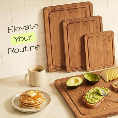 Wooden Cutting Boards for Kitchen Meal Prep & Serving - Non Toxic Bamboo Wood Cutting Board Set with Deep Juice Groove Side Handles - Charcuterie & Chopping Butcher Block for Meat