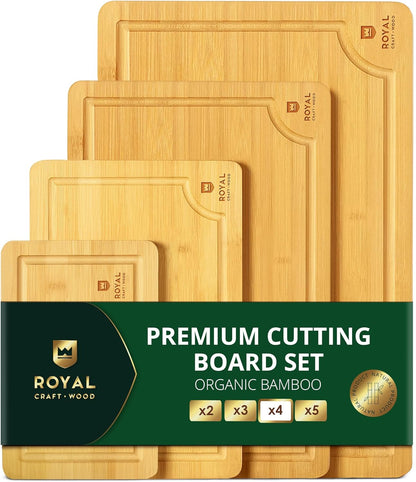 Wooden Cutting Boards for Kitchen Meal Prep & Serving - Non Toxic Bamboo Wood Cutting Board Set with Deep Juice Groove Side Handles - Charcuterie & Chopping Butcher Block for Meat