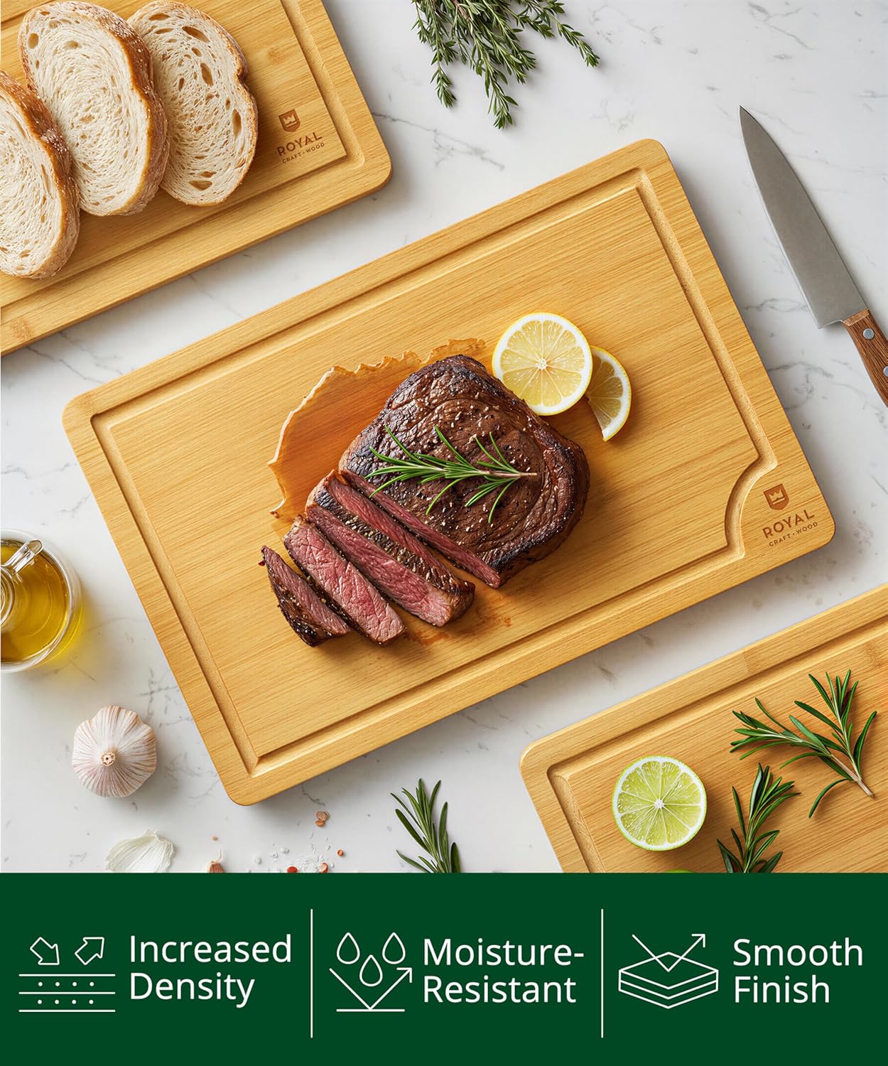 Wooden Cutting Boards for Kitchen Meal Prep & Serving - Non Toxic Bamboo Wood Cutting Board Set with Deep Juice Groove Side Handles - Charcuterie & Chopping Butcher Block for Meat