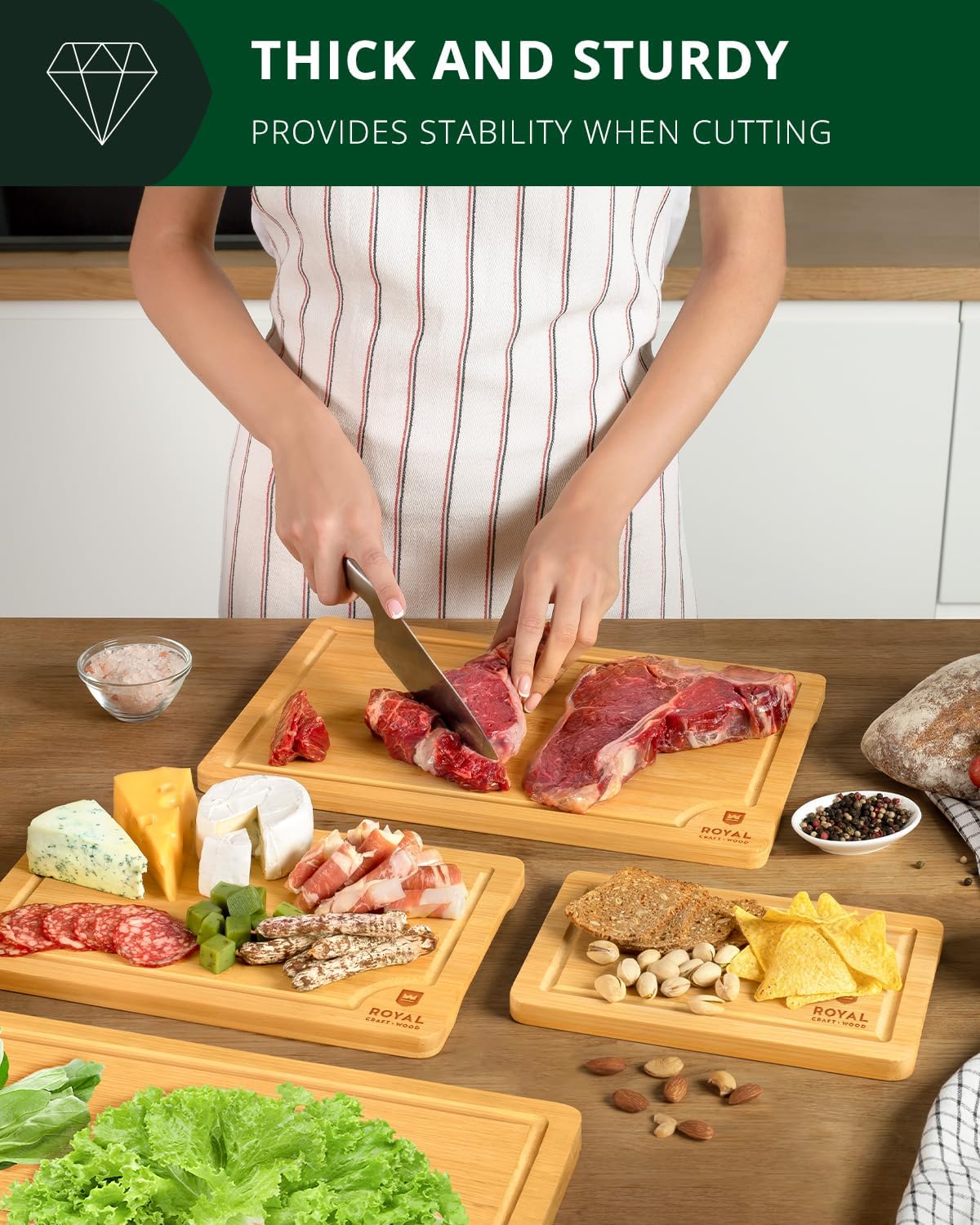 Wooden Cutting Boards for Kitchen Meal Prep & Serving - Non Toxic Bamboo Wood Cutting Board Set with Deep Juice Groove Side Handles - Charcuterie & Chopping Butcher Block for Meat