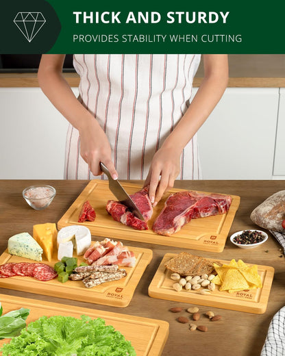 Wooden Cutting Boards for Kitchen Meal Prep & Serving - Non Toxic Bamboo Wood Cutting Board Set with Deep Juice Groove Side Handles - Charcuterie & Chopping Butcher Block for Meat