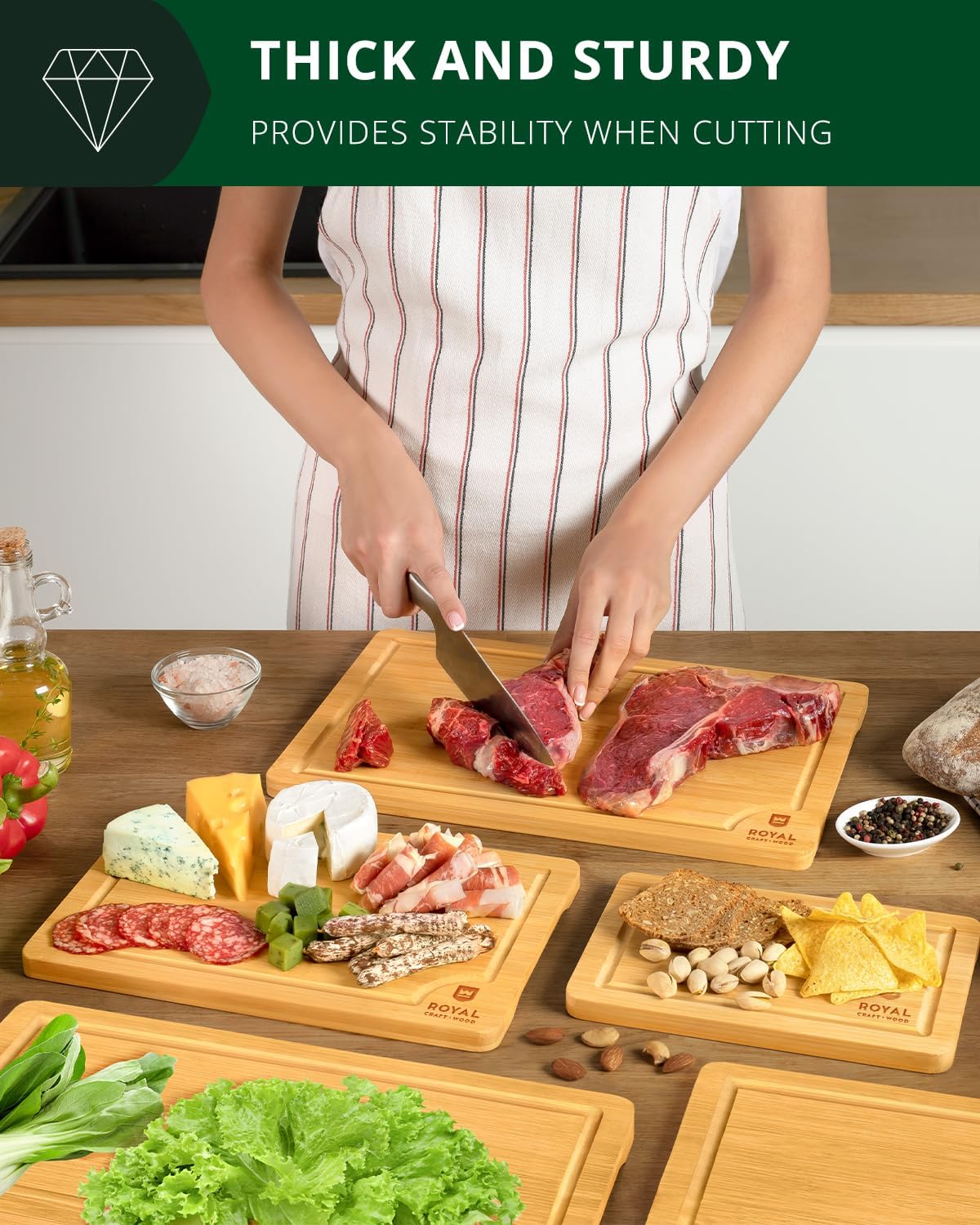 Wooden Cutting Boards for Kitchen Meal Prep & Serving - Non Toxic Bamboo Wood Cutting Board Set with Deep Juice Groove Side Handles - Charcuterie & Chopping Butcher Block for Meat