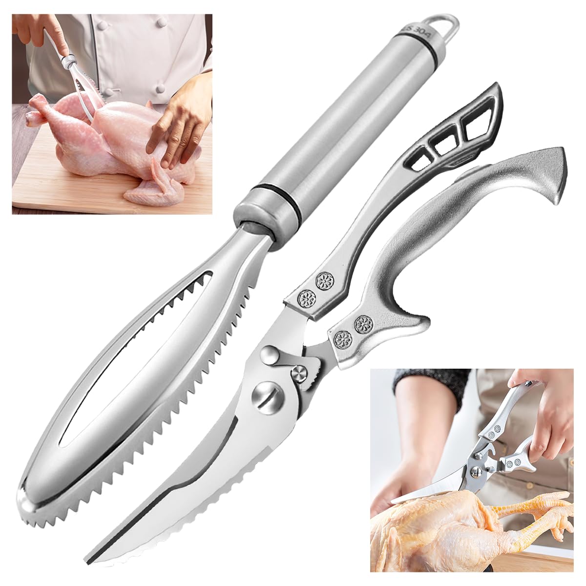 Upgraded Poultry Shears and Stainless Steel Lung Remover, SUS 304 Chicken Processing Equipment with Strong Working Head and Ergonomic Handle, Essential Chicken Butchering Equipment Kitchen Tool