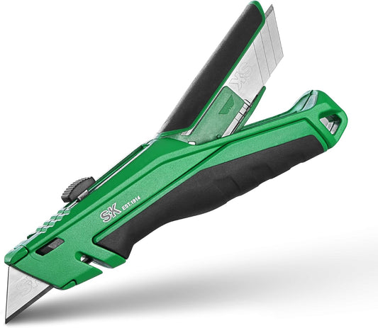SK Utility Knife with SK2M Blade & Zinc Alloy Body, box cutter retractable | Retractable Box Cutter with 28× Longer Life SK2M Blade, Wire Cutter, Quick Change, Blade Storage, Includes 4 Extra Blades