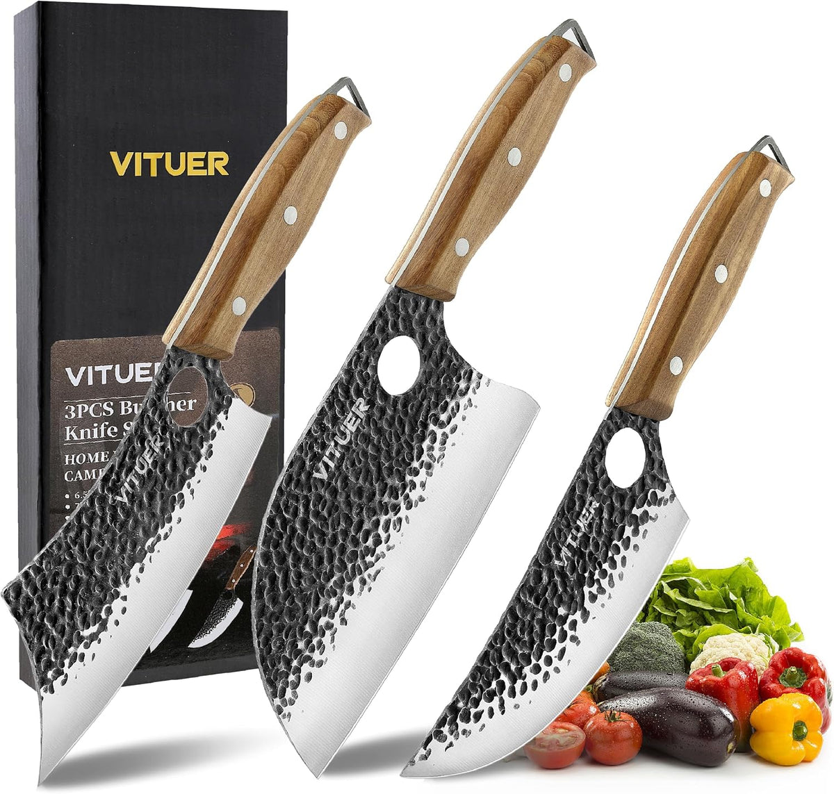 3PCS Butcher Knife Set, Hand Forged 7" Butcher Meat Cleaver, 7" Serbian Chef and 6.5" Viking Knife, Great for Indoor & Outdoor (Stylish Pattern Design)