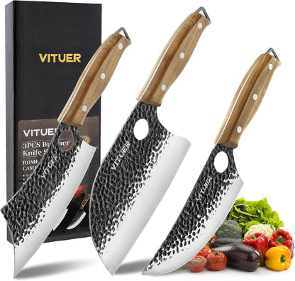3PCS Butcher Knife Set, Hand Forged 7" Butcher Meat Cleaver, 7" Serbian Chef and 6.5" Viking Knife, Great for Indoor & Outdoor (Stylish Pattern Design)