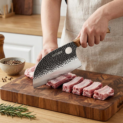 3PCS Butcher Knife Set, Hand Forged 7" Butcher Meat Cleaver, 7" Serbian Chef and 6.5" Viking Knife, Great for Indoor & Outdoor (Stylish Pattern Design)