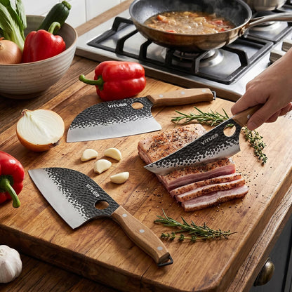 3PCS Butcher Knife Set, Hand Forged 7" Butcher Meat Cleaver, 7" Serbian Chef and 6.5" Viking Knife, Great for Indoor & Outdoor (Stylish Pattern Design)