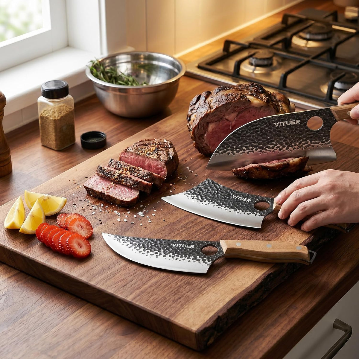 3PCS Butcher Knife Set, Hand Forged 7" Butcher Meat Cleaver, 7" Serbian Chef and 6.5" Viking Knife, Great for Indoor & Outdoor (Stylish Pattern Design)