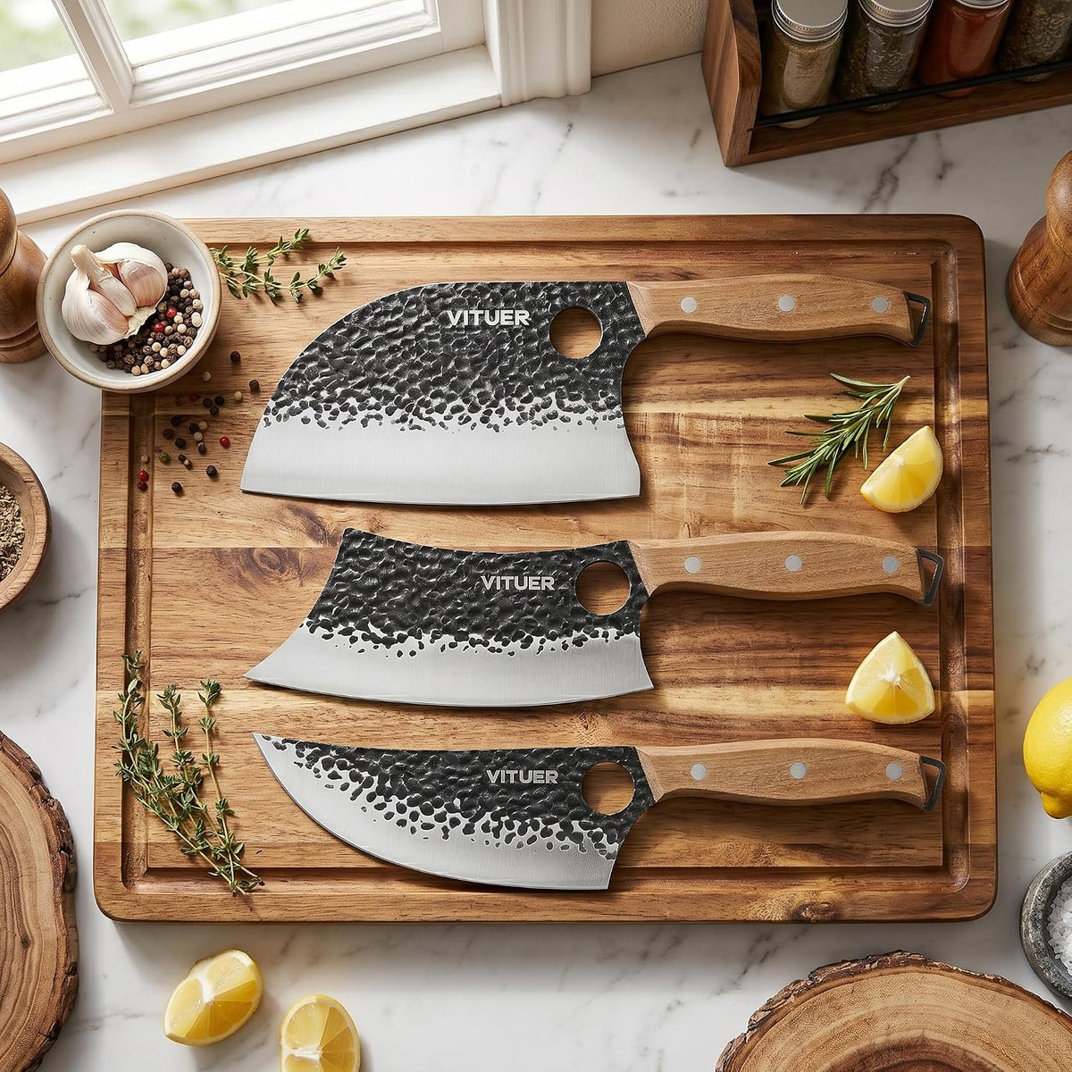 3PCS Butcher Knife Set, Hand Forged 7" Butcher Meat Cleaver, 7" Serbian Chef and 6.5" Viking Knife, Great for Indoor & Outdoor (Stylish Pattern Design)