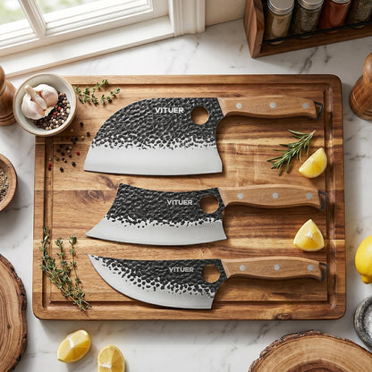 3PCS Butcher Knife Set, Hand Forged 7" Butcher Meat Cleaver, 7" Serbian Chef and 6.5" Viking Knife, Great for Indoor & Outdoor (Stylish Pattern Design)