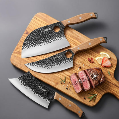 3PCS Butcher Knife Set, Hand Forged 7" Butcher Meat Cleaver, 7" Serbian Chef and 6.5" Viking Knife, Great for Indoor & Outdoor (Stylish Pattern Design)