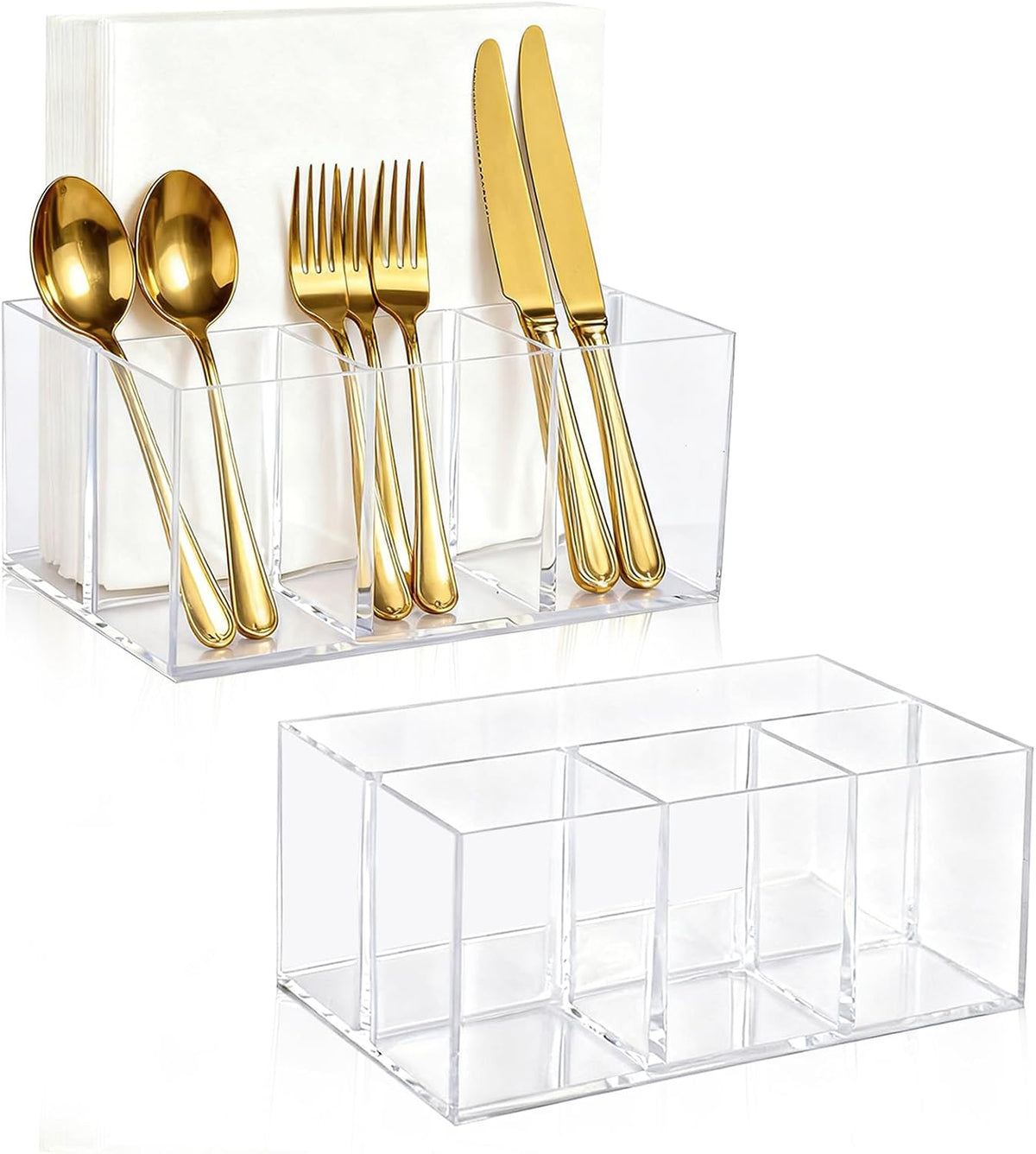 2Pack Acrylic Utensil Holder Silverware Organizer 4 Compartments Tableware Storage Box Countertop Cutlery Caddy for Forks, Knives, Spoons, Napkins, Plates，Indoor/Outdoor Use