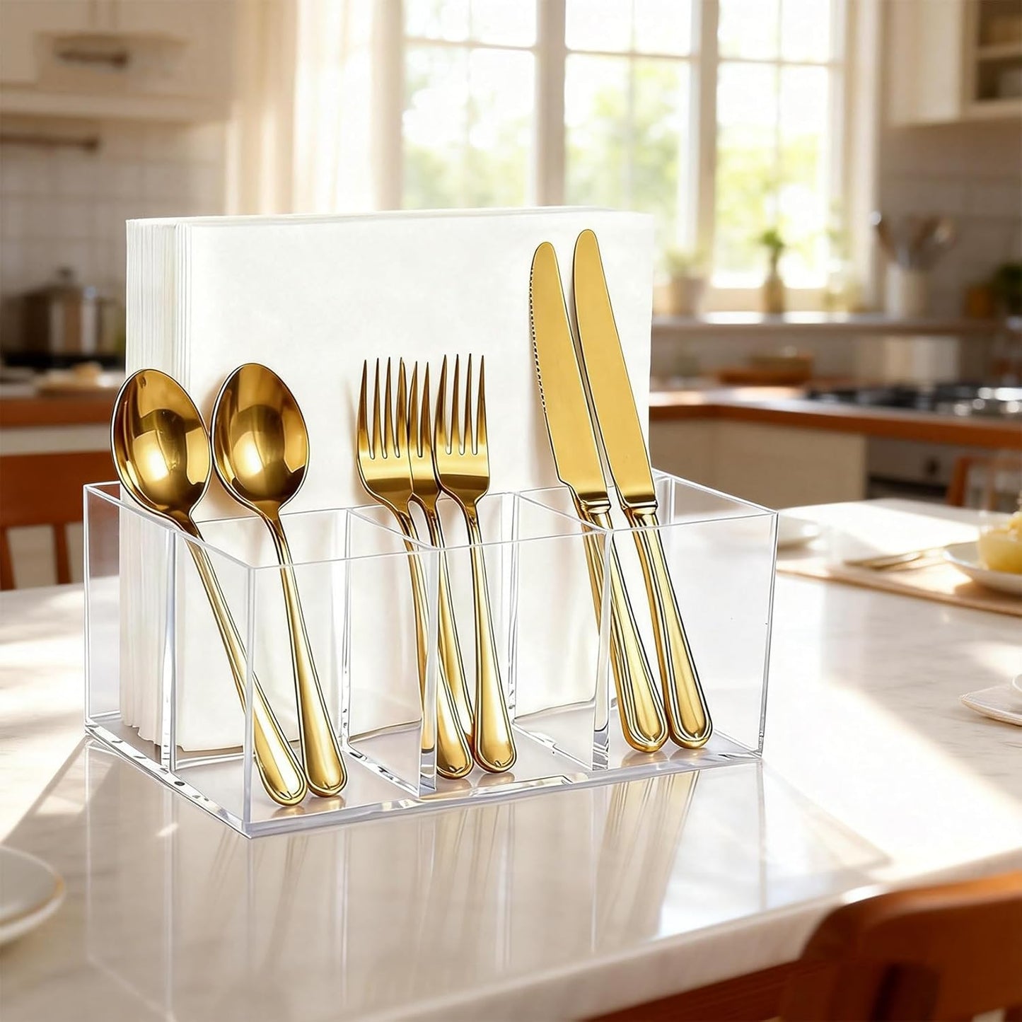 2Pack Acrylic Utensil Holder Silverware Organizer 4 Compartments Tableware Storage Box Countertop Cutlery Caddy for Forks, Knives, Spoons, Napkins, Plates，Indoor/Outdoor Use
