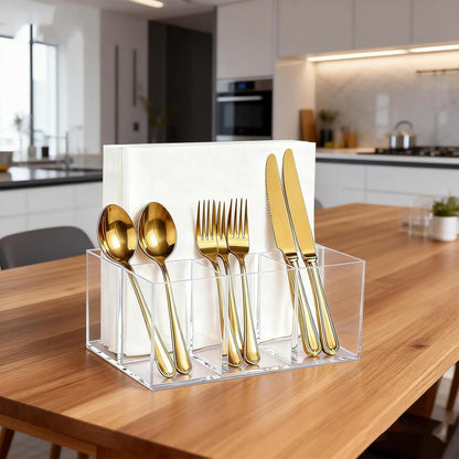2Pack Acrylic Utensil Holder Silverware Organizer 4 Compartments Tableware Storage Box Countertop Cutlery Caddy for Forks, Knives, Spoons, Napkins, Plates，Indoor/Outdoor Use