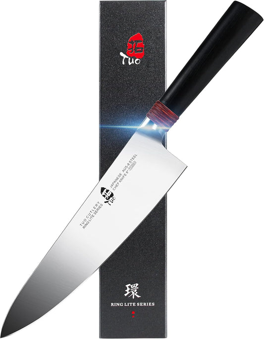 Chef Knife 8 inch Kitchen Knife Cooking Knife Chef's Knife Pro Japanese Gyuto Knife for Vegetable Fruit and Meat, AUS-8 High Carbon Stainless Steel with Ergonomic Handle Gift Box, Ring Lite Series