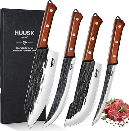 Huusk Butcher Knife Set, 4 PCS Hand Forged BBQ Knife Set for Meat Cutting
