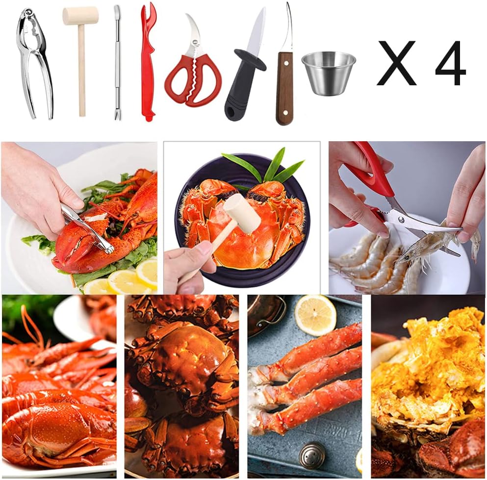 32 PCS Seafood Tools Include Crab Crackers, Seafood Scissors,Oyster Knife, Shrimp Deveiner Tool,Lobster Sheller, Crab Hammer,and Shellfish Forks,Sauce Cups and Nutcracker Set