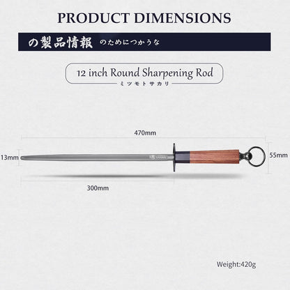 12 Inch Round Honing Steel for Knives, Rosewood Handle | Diamond-Coated Surface, 10000-Grit Fine Edge, 68 HRC, Captures Metal Shavings, Non-Slip Octagonal Grip