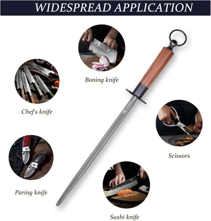 12 Inch Round Honing Steel for Knives, Rosewood Handle | Diamond-Coated Surface, 10000-Grit Fine Edge, 68 HRC, Captures Metal Shavings, Non-Slip Octagonal Grip