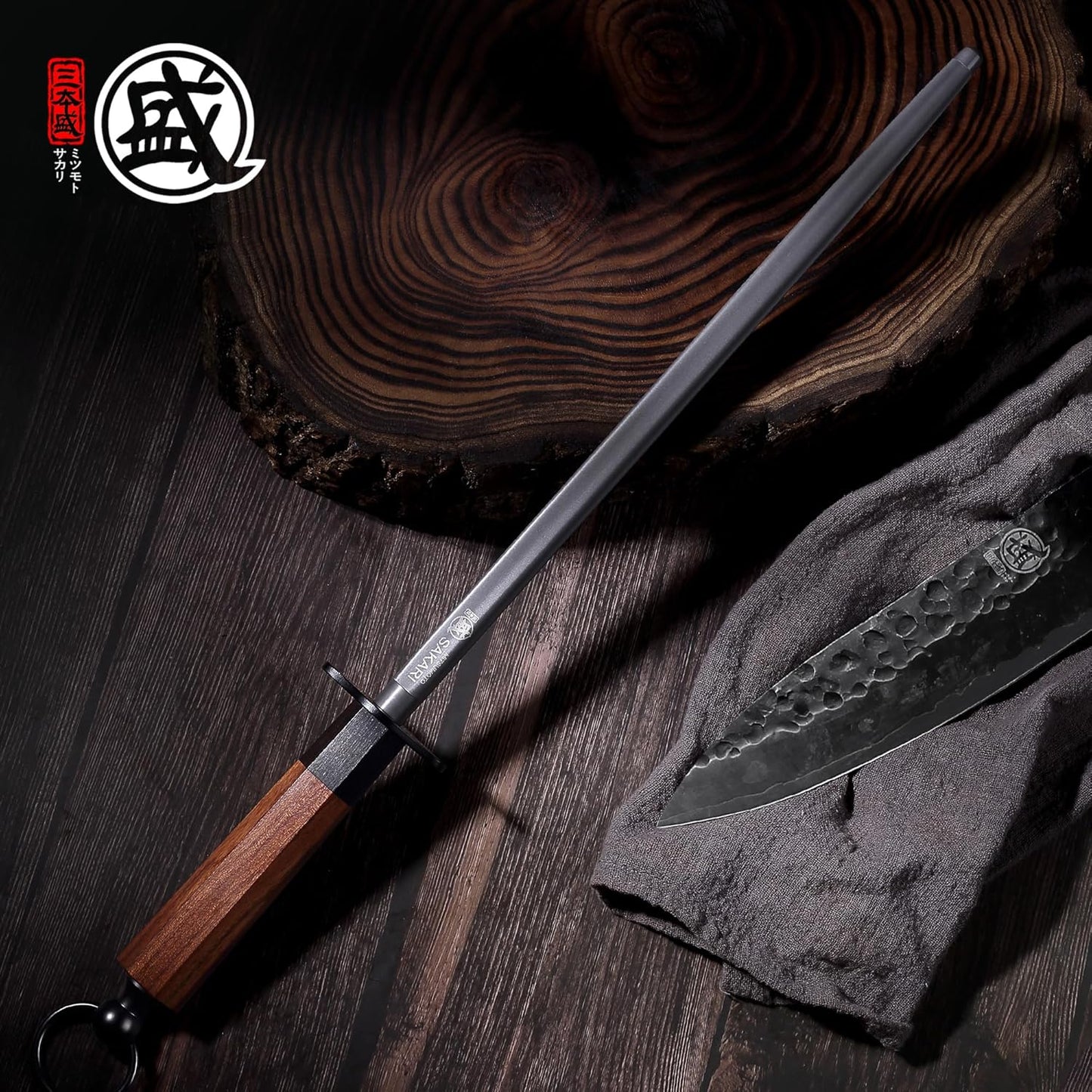 12 Inch Round Honing Steel for Knives, Rosewood Handle | Diamond-Coated Surface, 10000-Grit Fine Edge, 68 HRC, Captures Metal Shavings, Non-Slip Octagonal Grip