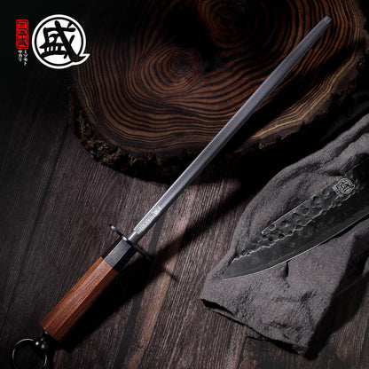 12 Inch Round Honing Steel for Knives, Rosewood Handle | Diamond-Coated Surface, 10000-Grit Fine Edge, 68 HRC, Captures Metal Shavings, Non-Slip Octagonal Grip