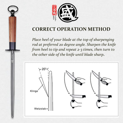 12 Inch Round Honing Steel for Knives, Rosewood Handle | Diamond-Coated Surface, 10000-Grit Fine Edge, 68 HRC, Captures Metal Shavings, Non-Slip Octagonal Grip