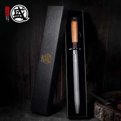 12 Inch Round Honing Steel for Knives, Rosewood Handle | Diamond-Coated Surface, 10000-Grit Fine Edge, 68 HRC, Captures Metal Shavings, Non-Slip Octagonal Grip