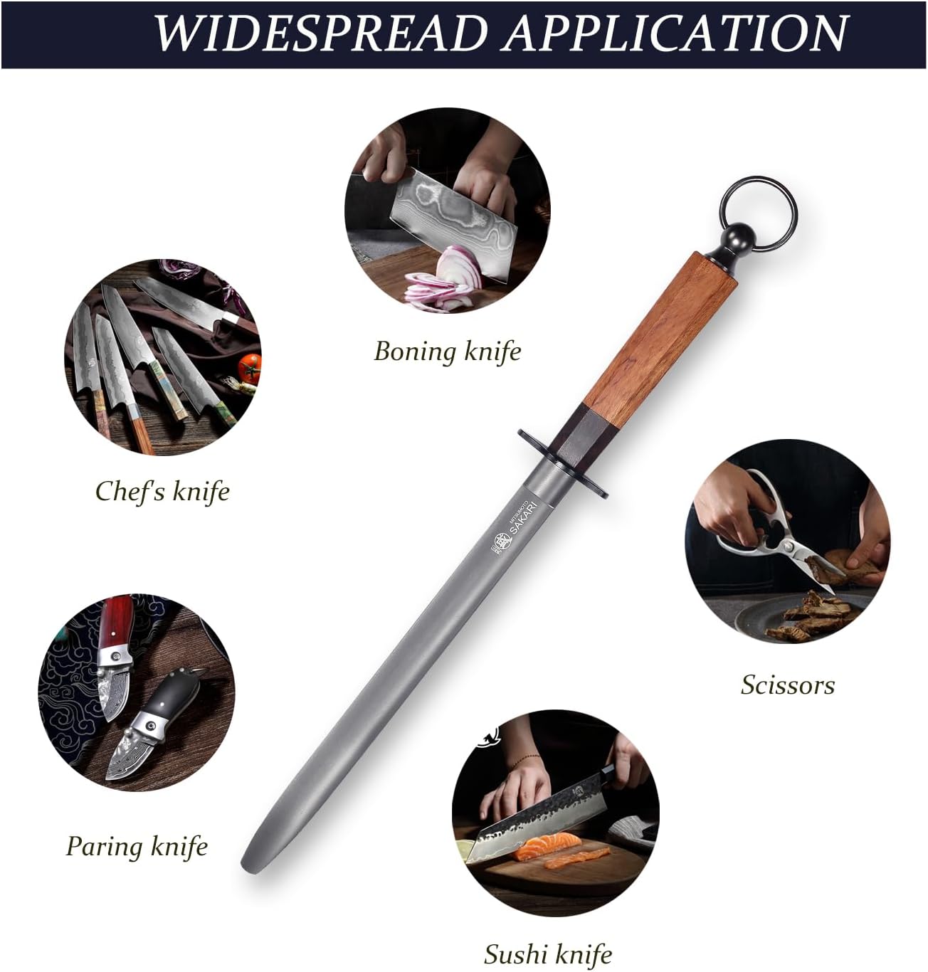 12 Inch Round Honing Steel for Knives, Rosewood Handle | Diamond-Coated Surface, 10000-Grit Fine Edge, 68 HRC, Captures Metal Shavings, Non-Slip Octagonal Grip