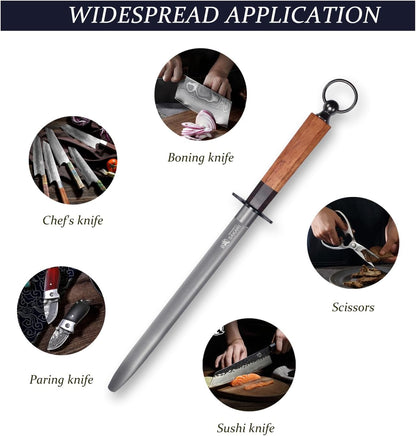 12 Inch Round Honing Steel for Knives, Rosewood Handle | Diamond-Coated Surface, 10000-Grit Fine Edge, 68 HRC, Captures Metal Shavings, Non-Slip Octagonal Grip