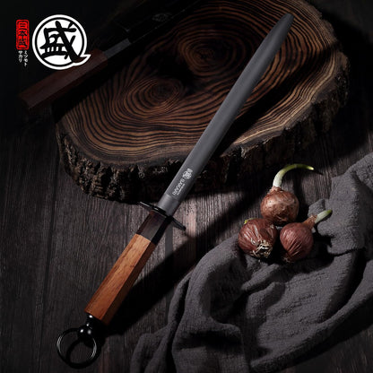 12 Inch Round Honing Steel for Knives, Rosewood Handle | Diamond-Coated Surface, 10000-Grit Fine Edge, 68 HRC, Captures Metal Shavings, Non-Slip Octagonal Grip