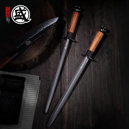12 Inch Round Honing Steel for Knives, Rosewood Handle | Diamond-Coated Surface, 10000-Grit Fine Edge, 68 HRC, Captures Metal Shavings, Non-Slip Octagonal Grip