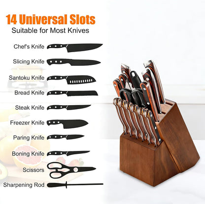 14 Slots Knife Block, Wooden Knife Holder without Knives Universal Knife Block for Kitchen Acacia Wood Knife Holder Butcher Block Knife Stand for Countertop Kitchen Storage