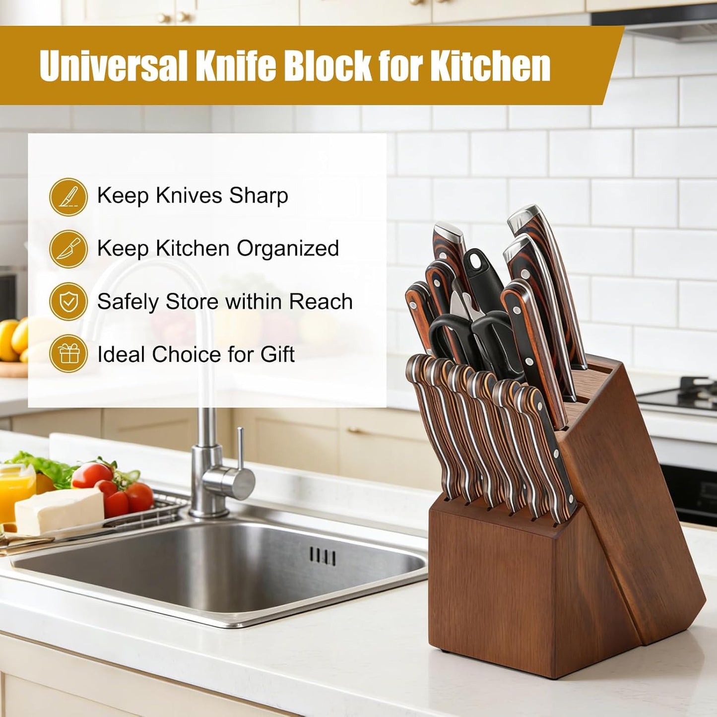 14 Slots Knife Block, Wooden Knife Holder without Knives Universal Knife Block for Kitchen Acacia Wood Knife Holder Butcher Block Knife Stand for Countertop Kitchen Storage