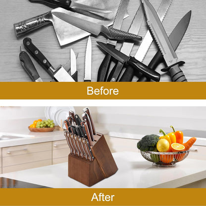 14 Slots Knife Block, Wooden Knife Holder without Knives Universal Knife Block for Kitchen Acacia Wood Knife Holder Butcher Block Knife Stand for Countertop Kitchen Storage