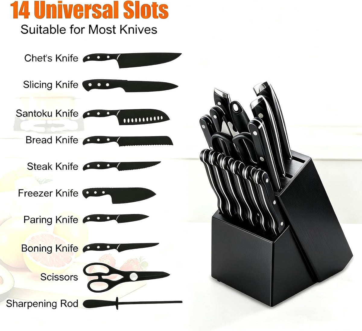 14 Slots Knife Block, Wooden Knife Holder without Knives Universal Knife Block for Kitchen Acacia Wood Knife Holder Butcher Block Knife Stand for Countertop Kitchen Storage