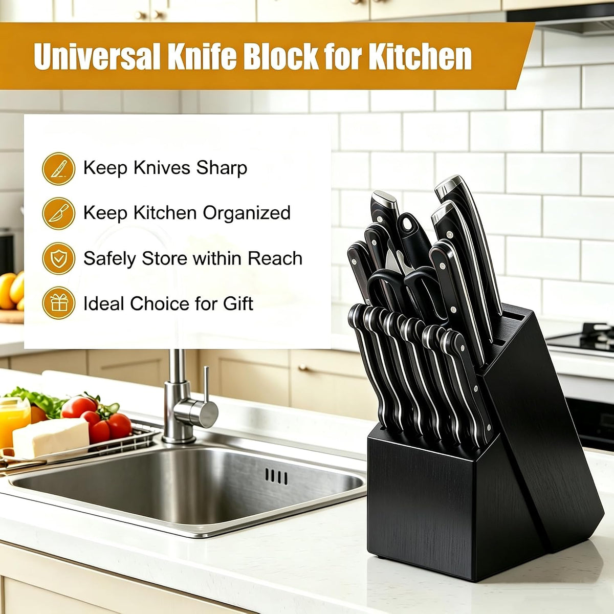 14 Slots Knife Block, Wooden Knife Holder without Knives Universal Knife Block for Kitchen Acacia Wood Knife Holder Butcher Block Knife Stand for Countertop Kitchen Storage