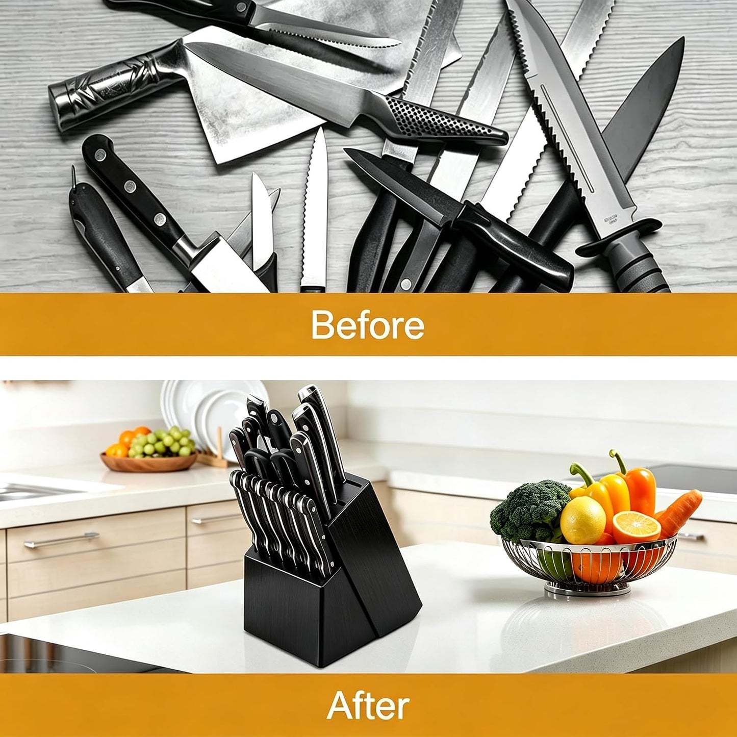 14 Slots Knife Block, Wooden Knife Holder without Knives Universal Knife Block for Kitchen Acacia Wood Knife Holder Butcher Block Knife Stand for Countertop Kitchen Storage