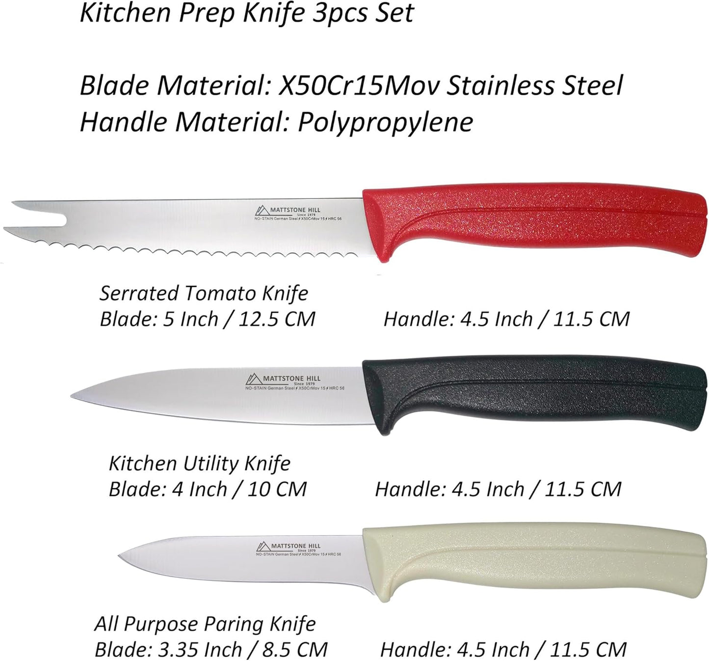 Paring Knife Set, MATTSTONE HILL Kitchen Knife Set - kitchen Prep knives, Fruit & Vegetable Knife Set, Premium German Steel, White Handle