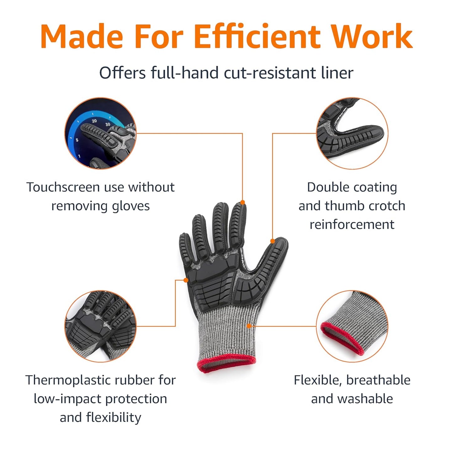 Cut Level A2, Abrasion ANSI Level A4, Impact Protection Work Gloves, Touchscreen Compatible, 15G Sandy Nitrile Palm, Cut-Resistant, Pack of 100 Pairs, Black, Size XX-Small