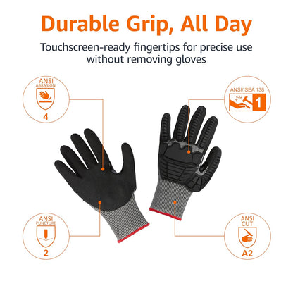 Cut Level A2, Abrasion ANSI Level A4, Impact Protection Work Gloves, Touchscreen Compatible, 15G Sandy Nitrile Palm, Cut-Resistant, Pack of 100 Pairs, Black, Size XX-Small