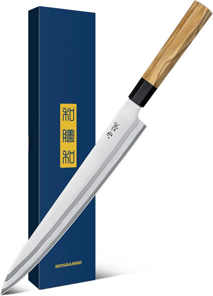Sushi Knife 10", Sharp Japanese Sashimi Knife for Fish Filleting | High Carbon Steel Yanagiba Knife | 12° Edge | 62 HRC | octagonal G10+Olive Wood Handle | Kitchen Knives for Home & Gifting