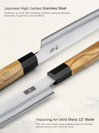 Sushi Knife 10", Sharp Japanese Sashimi Knife for Fish Filleting | High Carbon Steel Yanagiba Knife | 12° Edge | 62 HRC | octagonal G10+Olive Wood Handle | Kitchen Knives for Home & Gifting