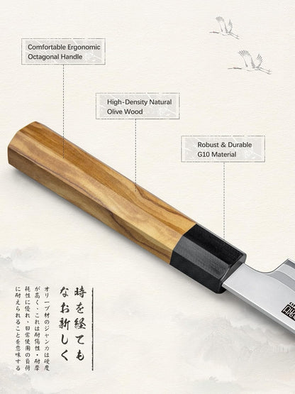 Sushi Knife 10", Sharp Japanese Sashimi Knife for Fish Filleting | High Carbon Steel Yanagiba Knife | 12° Edge | 62 HRC | octagonal G10+Olive Wood Handle | Kitchen Knives for Home & Gifting