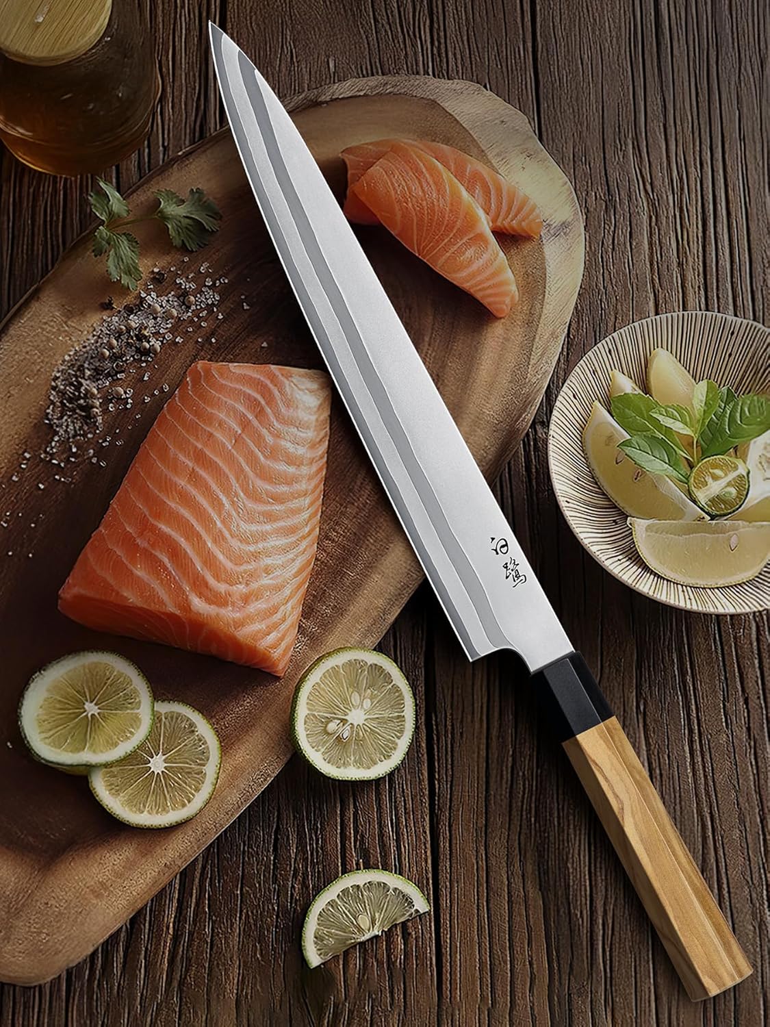 Sushi Knife 10", Sharp Japanese Sashimi Knife for Fish Filleting | High Carbon Steel Yanagiba Knife | 12° Edge | 62 HRC | octagonal G10+Olive Wood Handle | Kitchen Knives for Home & Gifting
