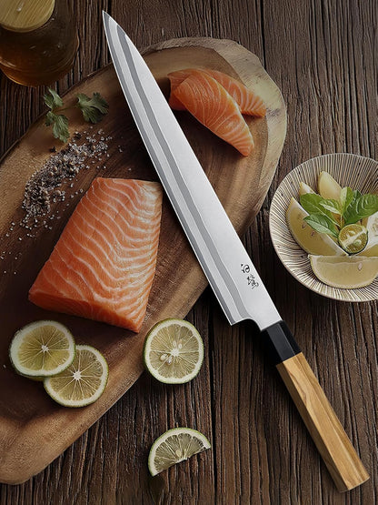 Sushi Knife 10", Sharp Japanese Sashimi Knife for Fish Filleting | High Carbon Steel Yanagiba Knife | 12° Edge | 62 HRC | octagonal G10+Olive Wood Handle | Kitchen Knives for Home & Gifting